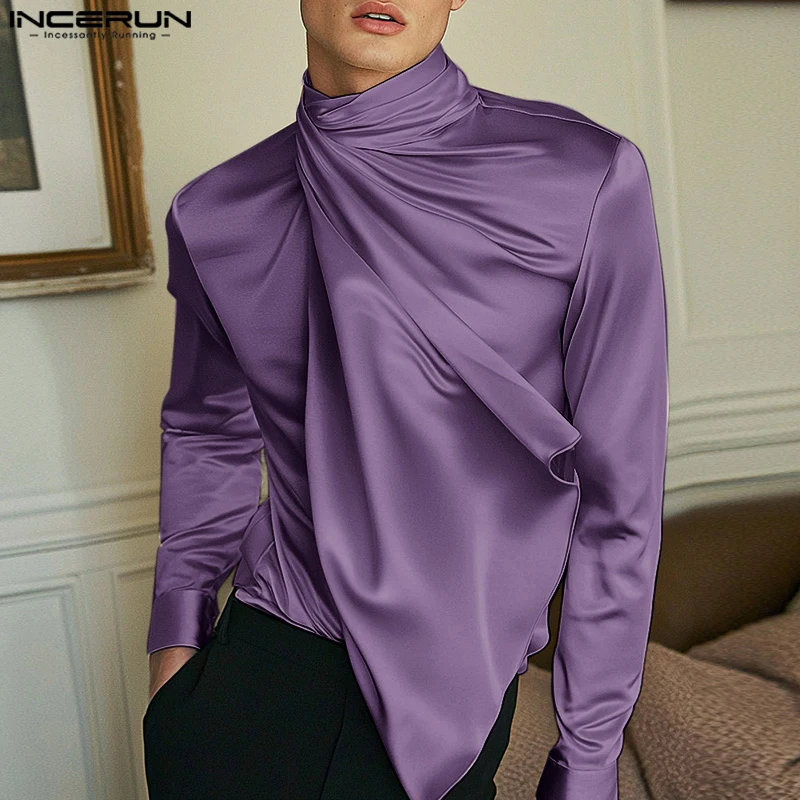 INCERUN Tops 2025 American Style Fashion Men's Satin Pleated Scarf Neck Shirt Casual Clubwear Hot Sale Solid Long Sleeved Blouse