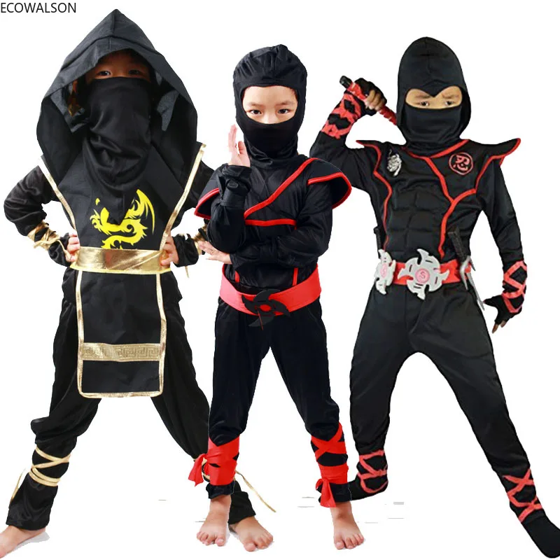 Fato Ninja Deluxe infantil com arma para meninos, roupa de Kung Fu, traje de Halloween infantil, acessórios