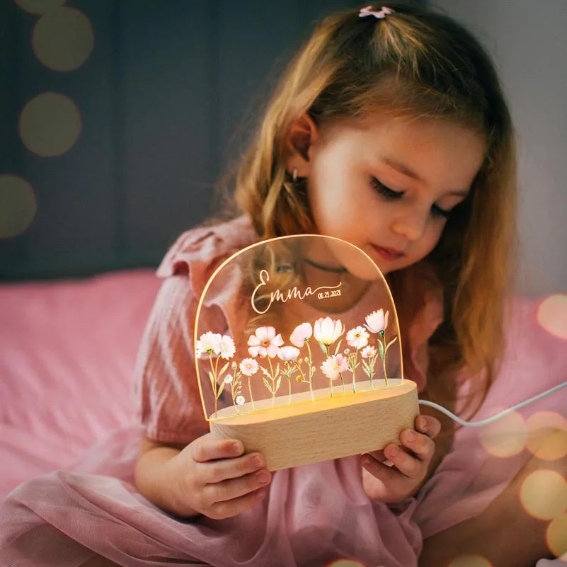 Personalized Night Light with Child Name Custom Baby Boy Girl Gift New Baby Gift Acrylic Room Decor Plaque Wooden Lamp Ornaments