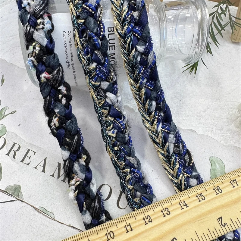 1.5cm Wide Handmade Black Blue Ribbon with Gold Thread Weaving Tweed Lace Clothing Color Matching Edge Pressing Strip Webbing