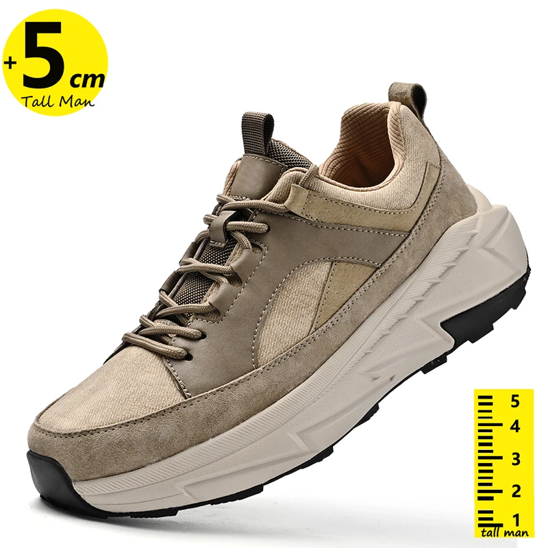 Men Sneakers Elevator Lift Chunky Height Increase 5CM Leisure Outdoor Sports Man Leather Shoes