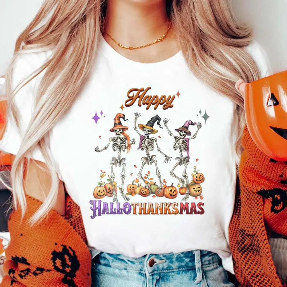 

New Street Versatile Skeleton Dancing Printed Clothing Summer O-Neck Trendy Cartoon Pattern Printed Halloween Top T-Shirt.