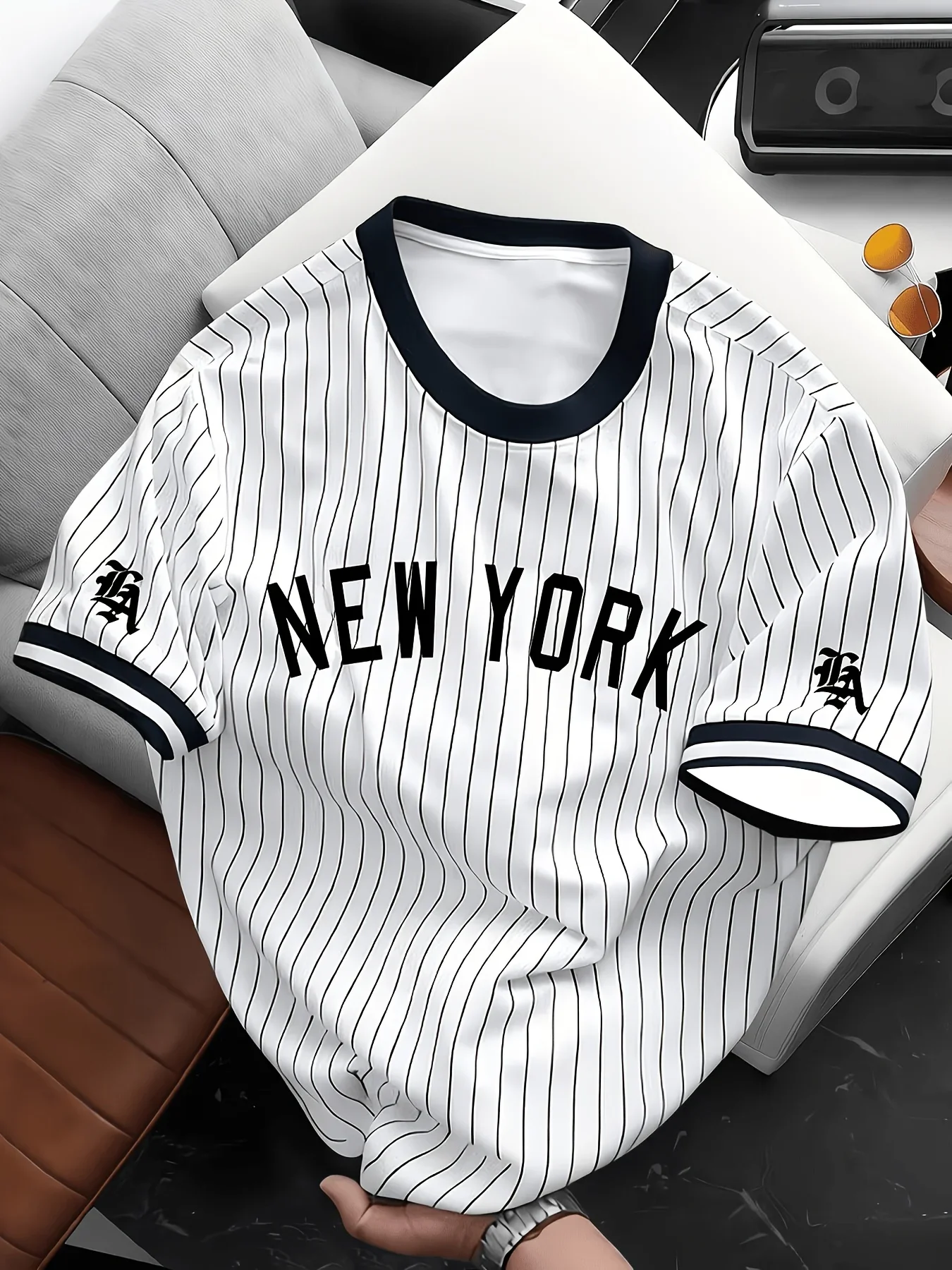 Men New York Letter Print Striped T-Shirt, Vintage Ringer Collar Short Sleeve Tee, Unisex Casual Streetwear Top