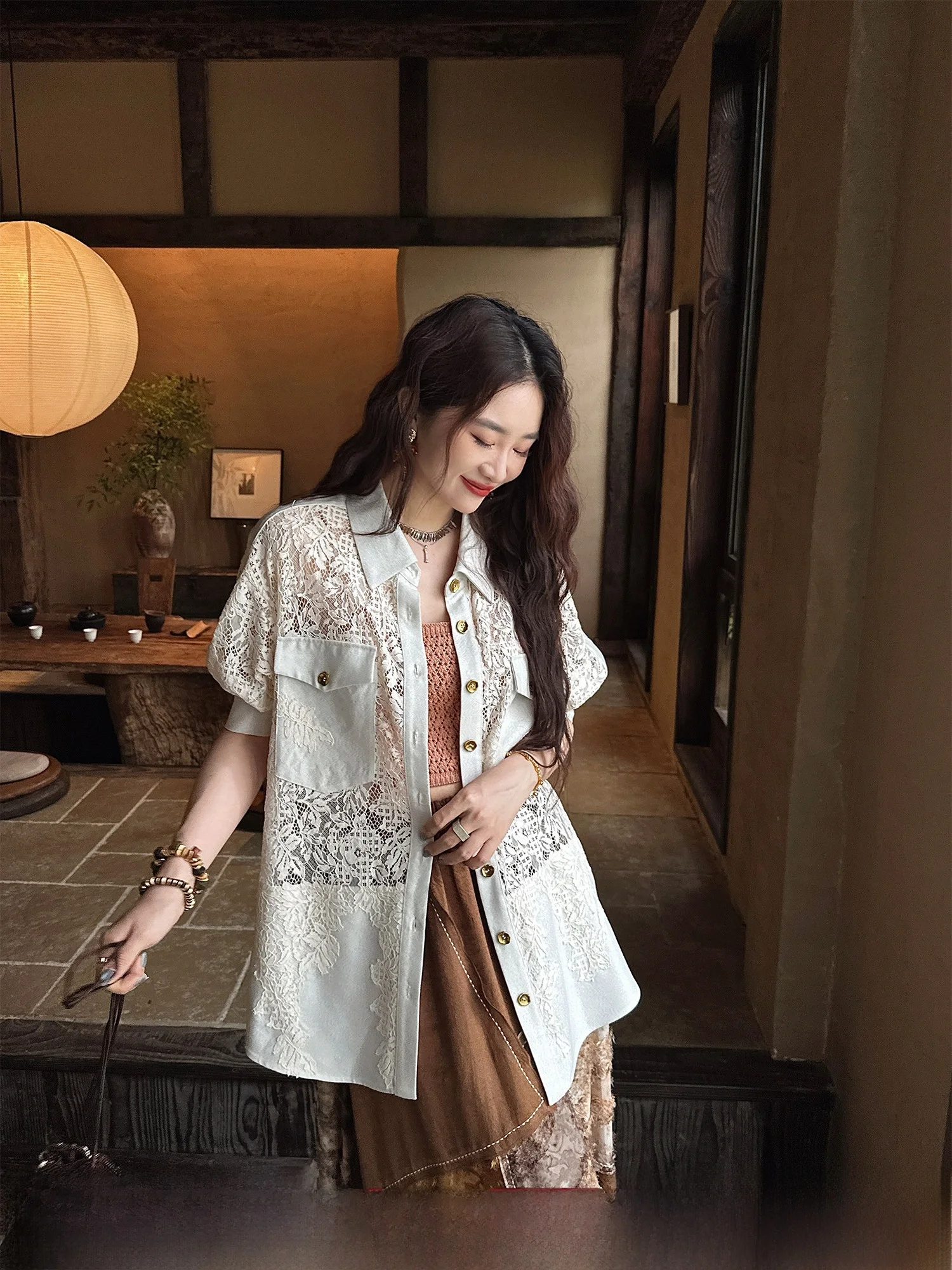 

Sl Silver Tead Handmade Lace Window Flower irt Anti-Aging Faionable Women's Clothing 2025 New Sle Loose Fit