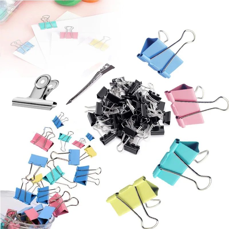 10/20/60pcs Long Tail Clip Student Stationery Paper Clip Office Metal Foldback Binder Black Grip Office Dovetail Book Clip