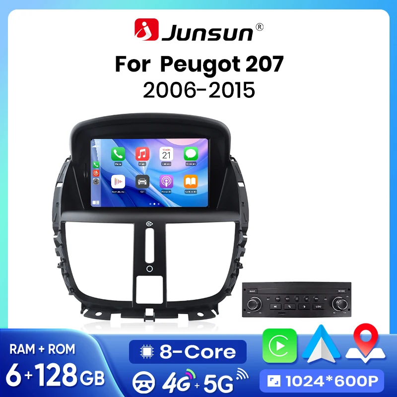 Junsun 7" Wireless CarPlay Android Auto Autoradio für PEUGEOT 207 207CC 2006 2007-2015 Multimedia Wireless Apple CarPlay Intelligente Systeme IPS Touchscreen Stereo-Videoplayer 2 Din Autoradio Head