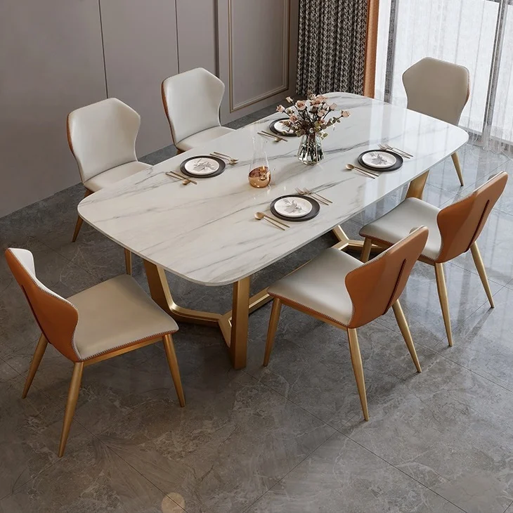 Qiaotai Furniture Modern Dining Table Stainless Steel Gold Frame Dining Room Furniture Slate Table Top Dining Table Set