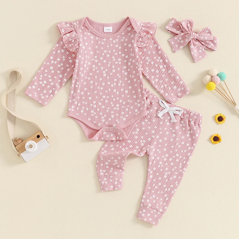 0-18 أشهر طفلة ربيع الخريف الزي الأزهار طويلة الأكمام مضلع رومبير القوس السراويل عقال 3 قطعة مجموعة