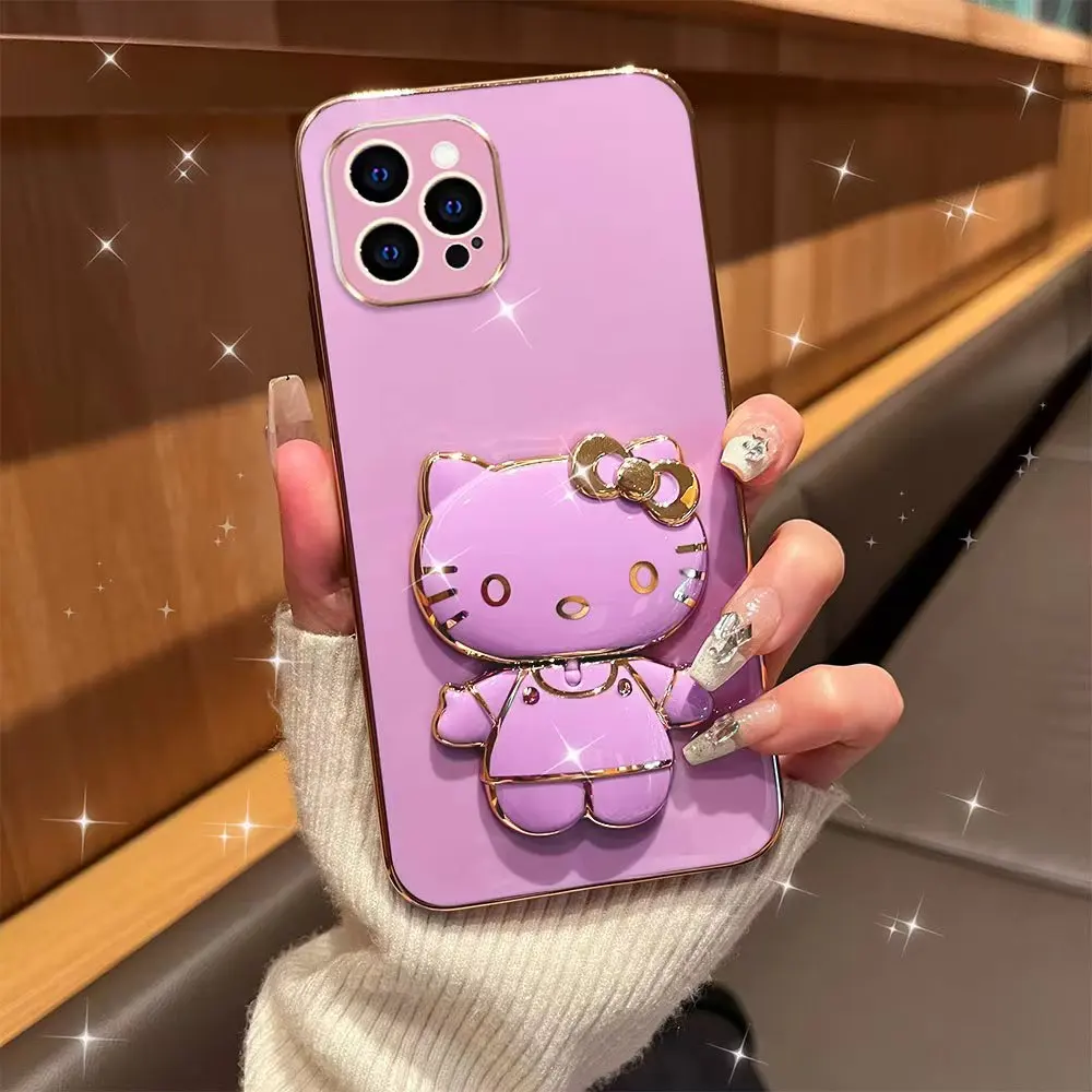 

New Sanrio Hellokitty Mobile Phone Holders with Makeup Mirrors Kawaii Anime Phone Stand Rotatable Brackets Accessories Gift Toys