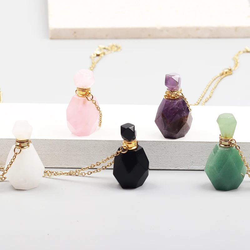 Natural Quartz Reiki Healing Amethyst Necklace Faceted Essential Oil Perfume Bottle Pendant Aromatherapy Jewelry