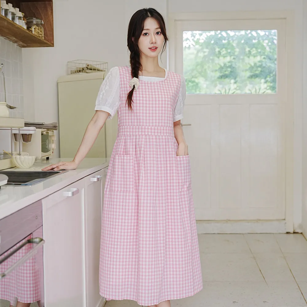 Korean style large size cotton side slit lace up plaid apron,one size,pockets,pleated,anti-fouling,for household,work,outdoor