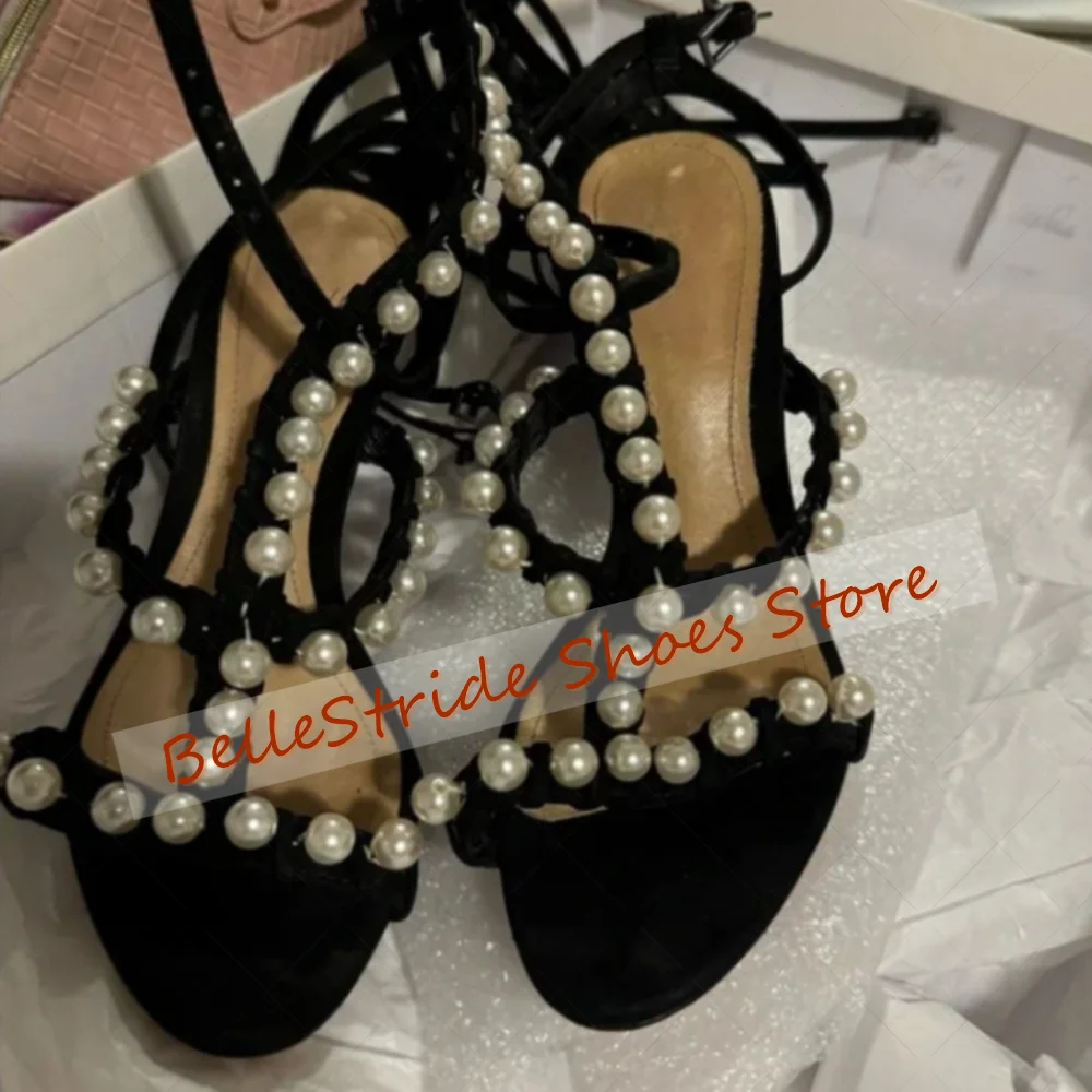 Preto dedo do pé redondo sandálias de pérola oco para fora dedo do pé aberto sapatos femininos stilettos salto alto festa banquete namoro 2025 zapatos para mujere