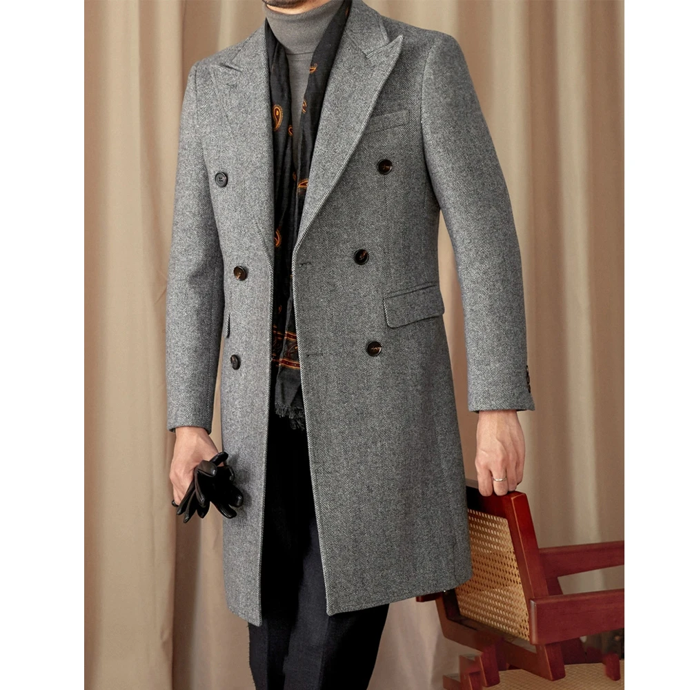 New Arrival Long-Style Herringbone Jacket Double Breasted Men's Suits Blazer For Wedding Winter Real Pocket （Just one Jacket）