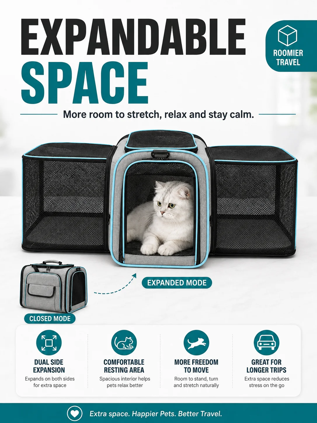 Stylish Breathable Pet Carrier with Double Side Expandable Design, Portable Hand Crossbody Shoulder Travel Bag for Cats & Dogs