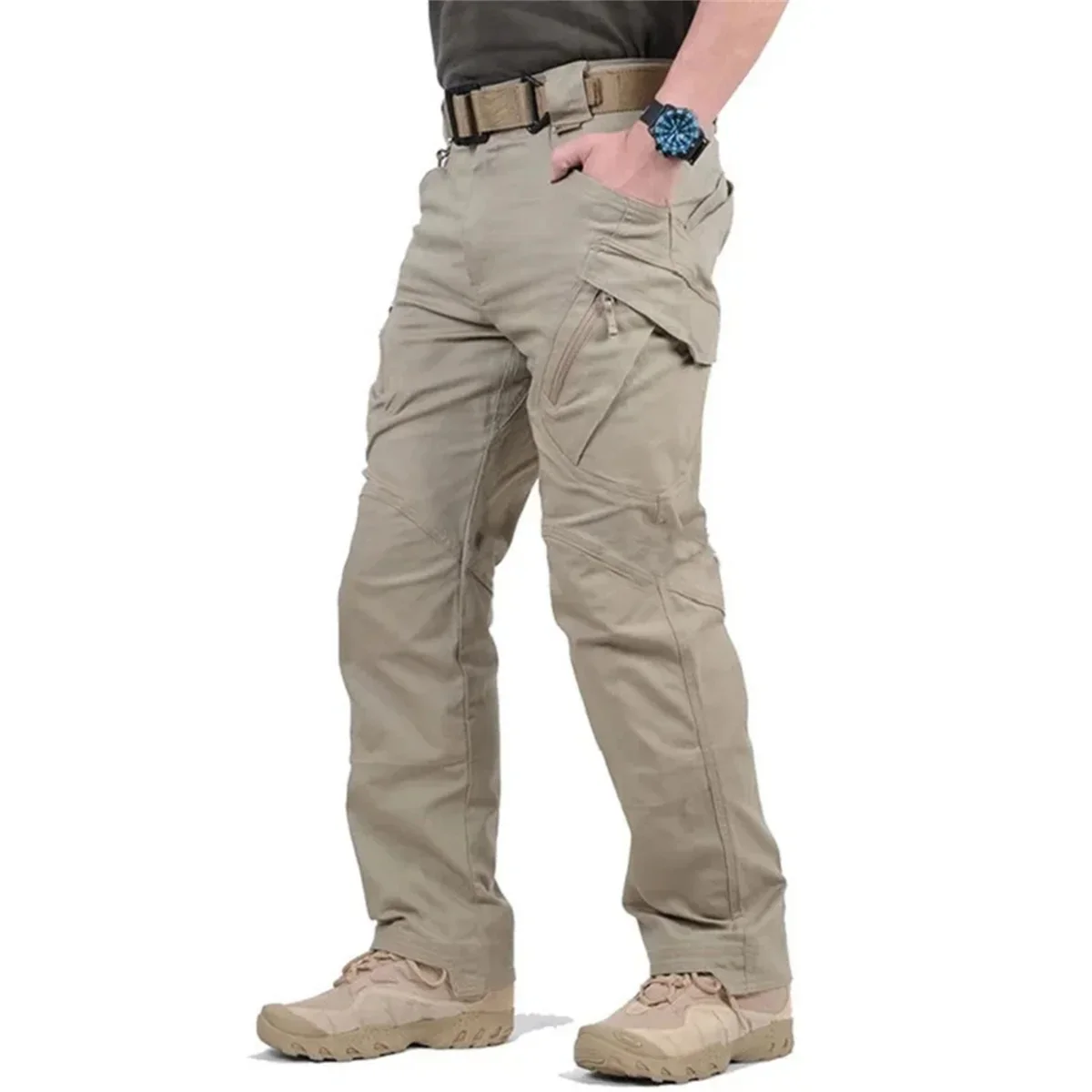Herren-Taktikhose in Übergröße, mit mehreren Taschen, elastischem Bund, für militärische und städtische Einsatzbereiche, wasserdichte Cargohose, QC. – Detail 3