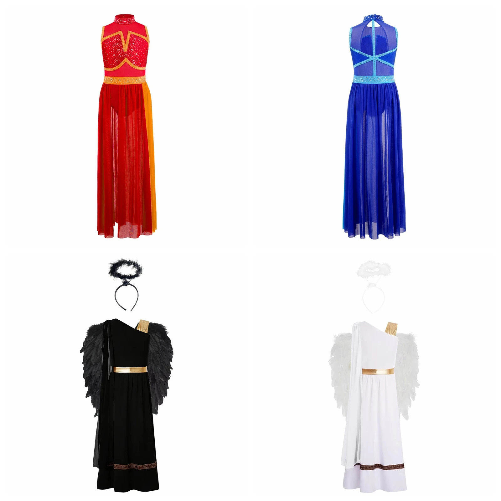 Girls Greek Roman Princess Costume Greek-style Outfit Angel Fancy Dress Ancient Greece Stage Performance Dress Feather Wings