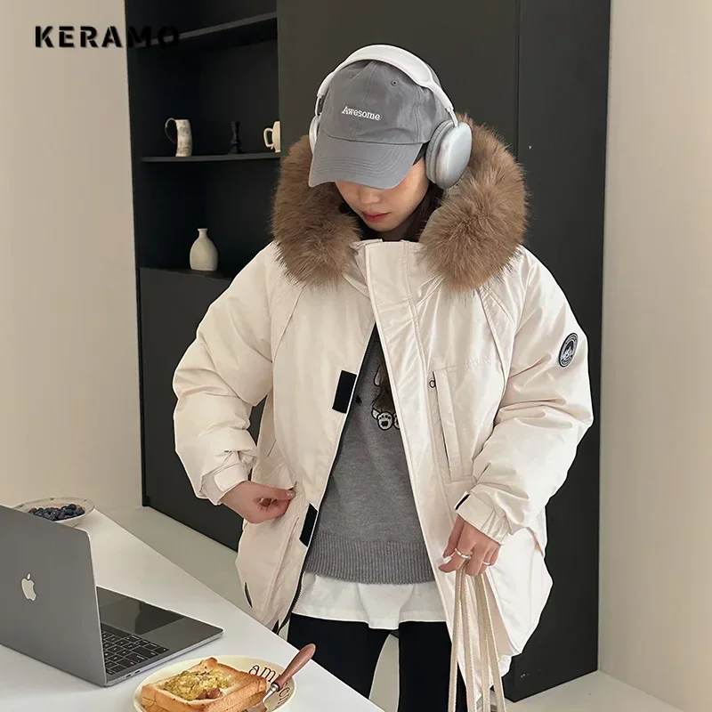 2024 Winter American Retro Style Appliques Single Breasted Parkas Warm Thick Jacket  Women Casual Outerwear Vintage Hooded Coat