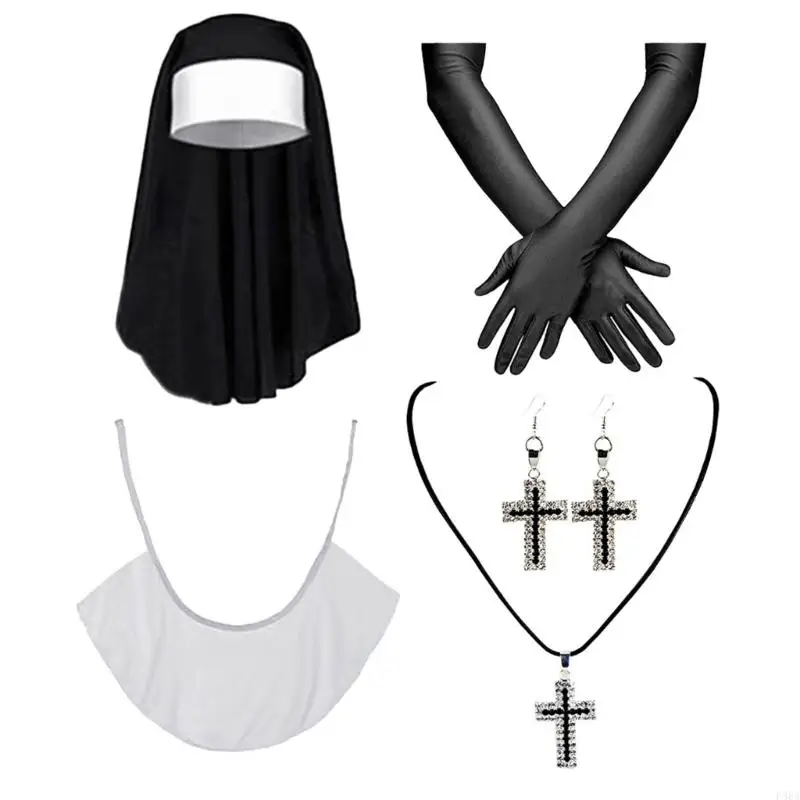 p88a 할로윈 수녀 의상 포함 헤드 피스 펜던트 목걸이 칼라 스타킹