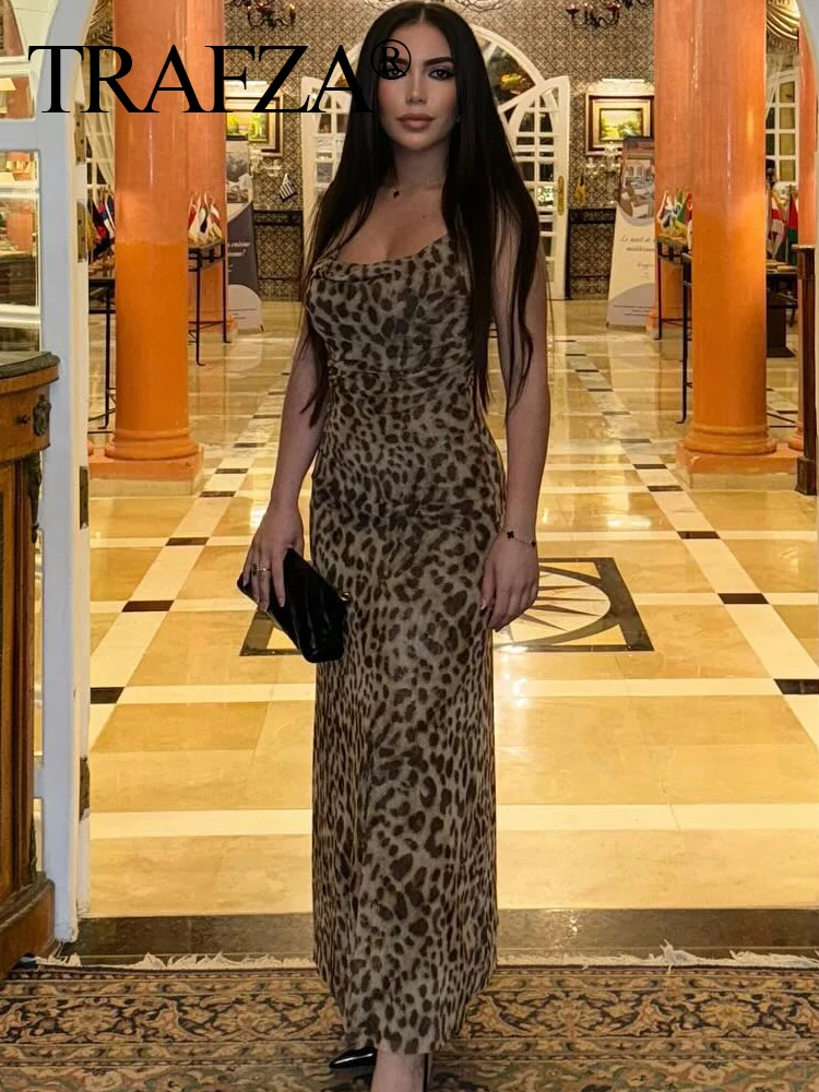 TRAFZA 2024 Women\'s Vintage Leopard Print Halter Dress Sexy Sleeveless Backless Elegant Long Dresses Party Party Slim Dresses