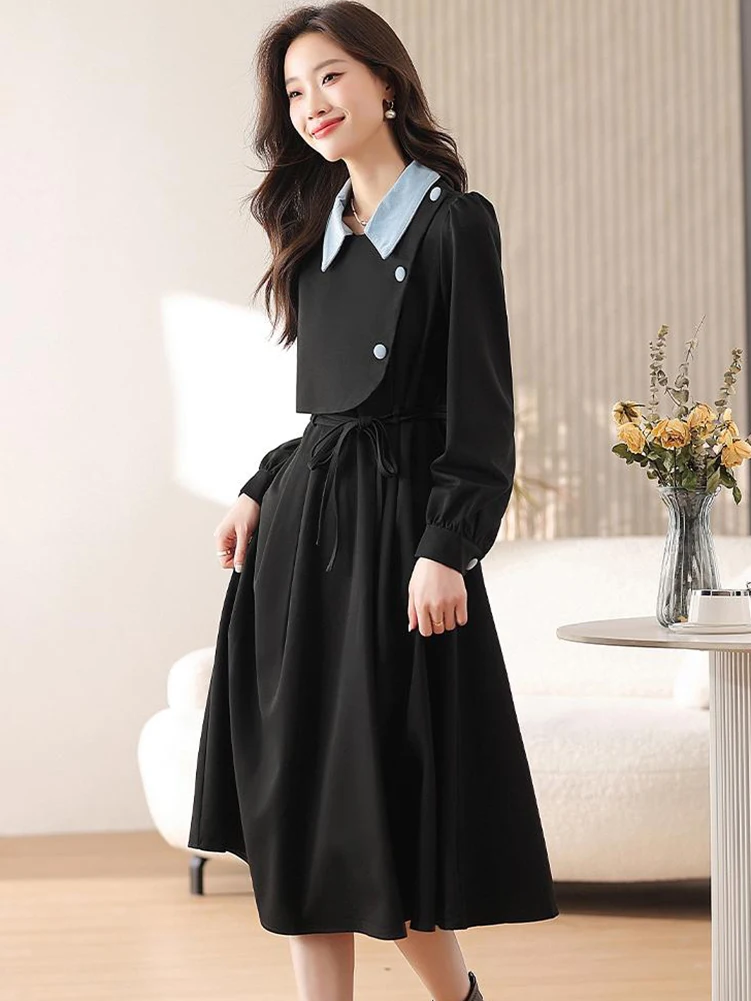 Vrouwen Koreaanse Vintage Bodycon Nep Tweedelige Jurk Zomer Zwart Patchwork Blauwe Polo Kraag Midi Jurk 2025, Elegante Luxe Jurken
