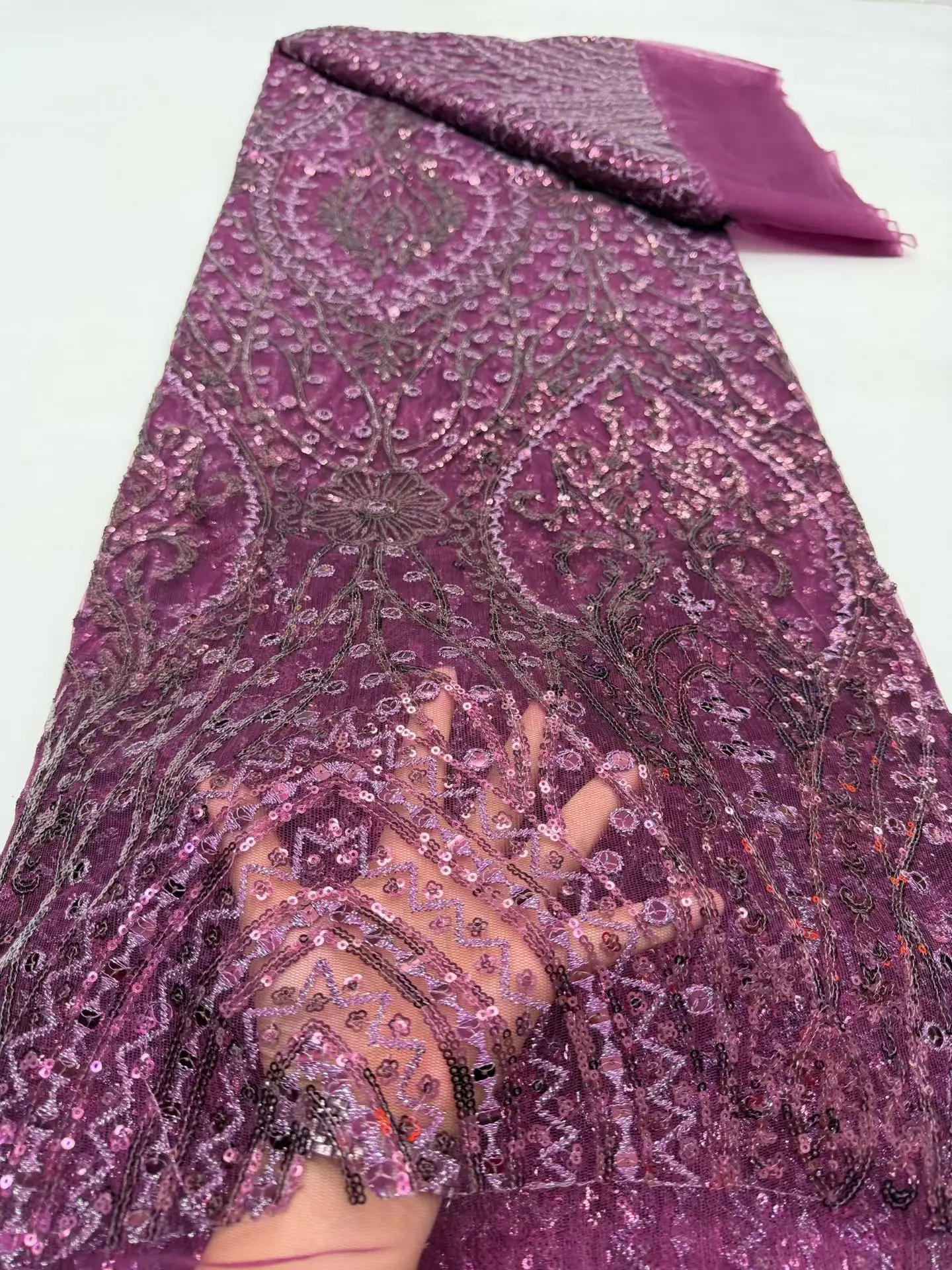 

High Quality African Embroidered Sequins 5 Yards French Tulle Net Lace Fabric for Wedding Dress Ladies Gown 1103