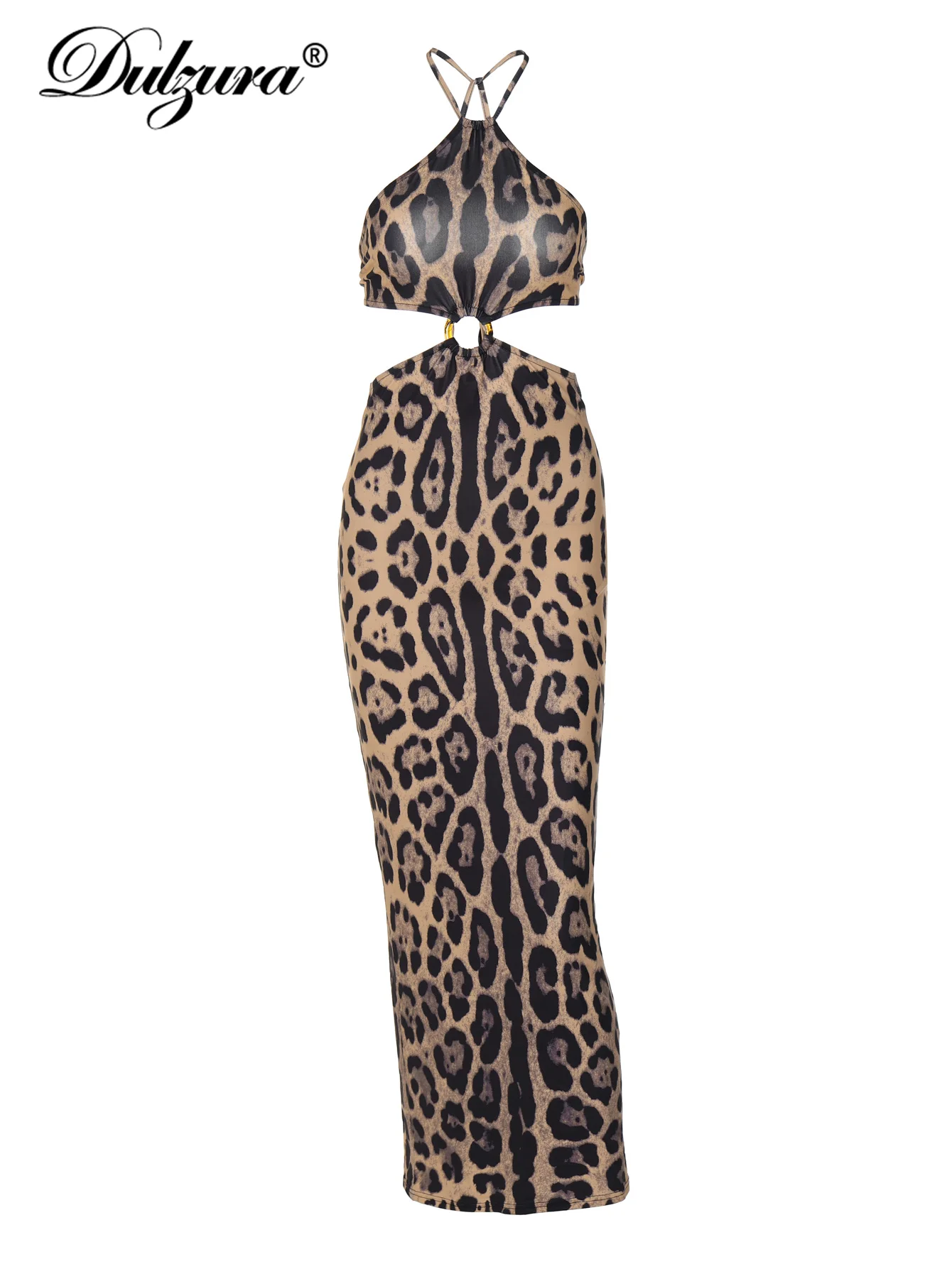 Dulzura Halter Leopard Printed Midi Dress Cut Out Backless Sleeveless Women Sexy Dresses Lady Party Club Beach Nightout Date Y2K