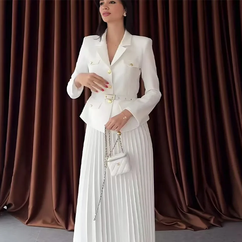 

Elegant Women's Two Pieces Set Single-breasted Lapel Jacket Coat Belt Pleated Midi Skirt Suit Solid Color Lady Party Dresses