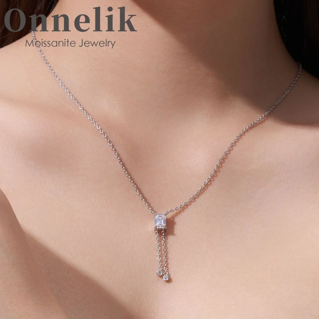 

Onnelik Emerald Cut Moissanite Diamond Necklace for Women S925 Sterling Silver Tassel Lariat Chain Drop Pendant Wedding Party