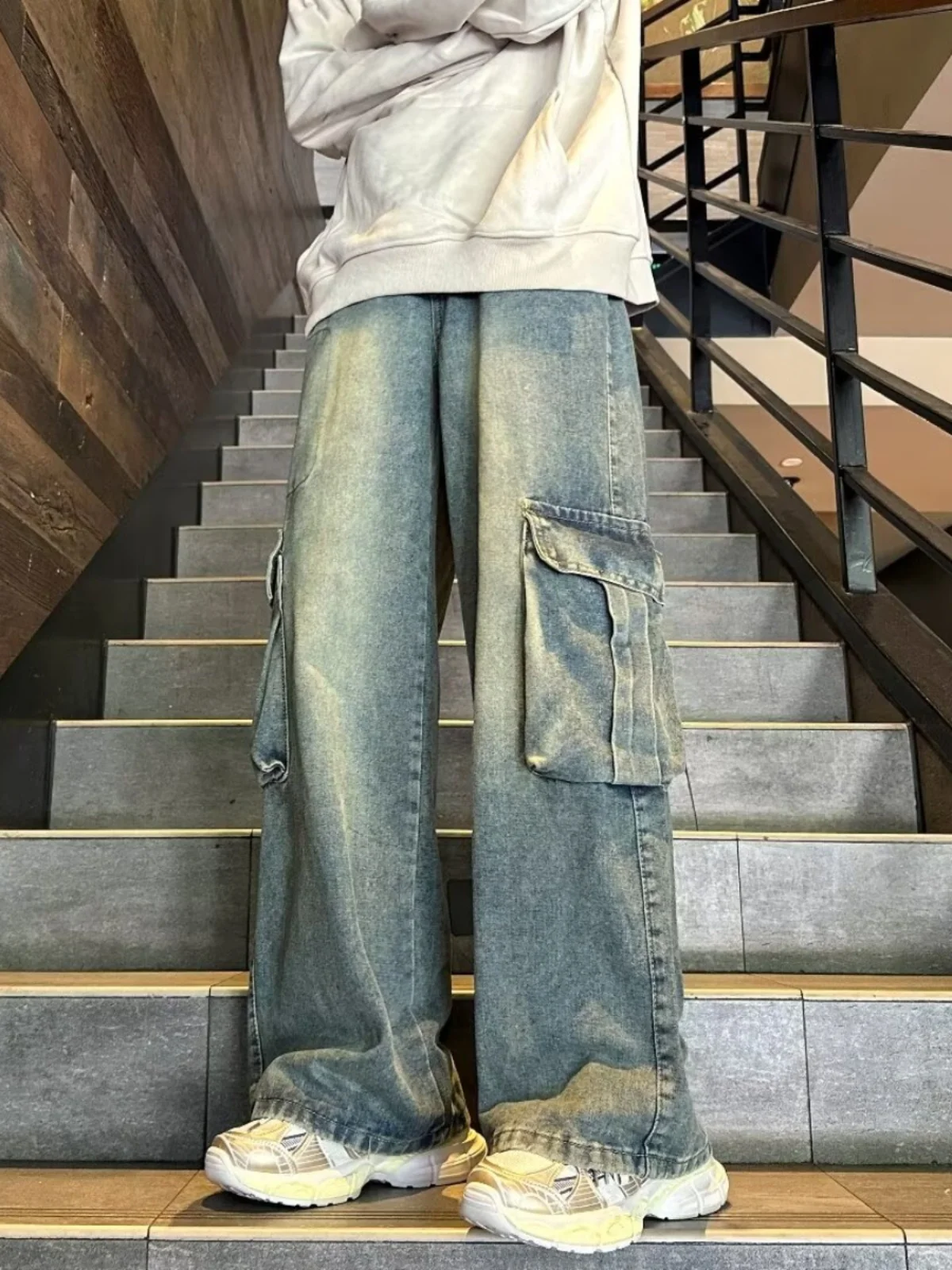 

American Retro Workwear Jeans Men's Autumn 2024 New Elastic Loose Wide Leg Pants Cool High Street Trousers Trendy
