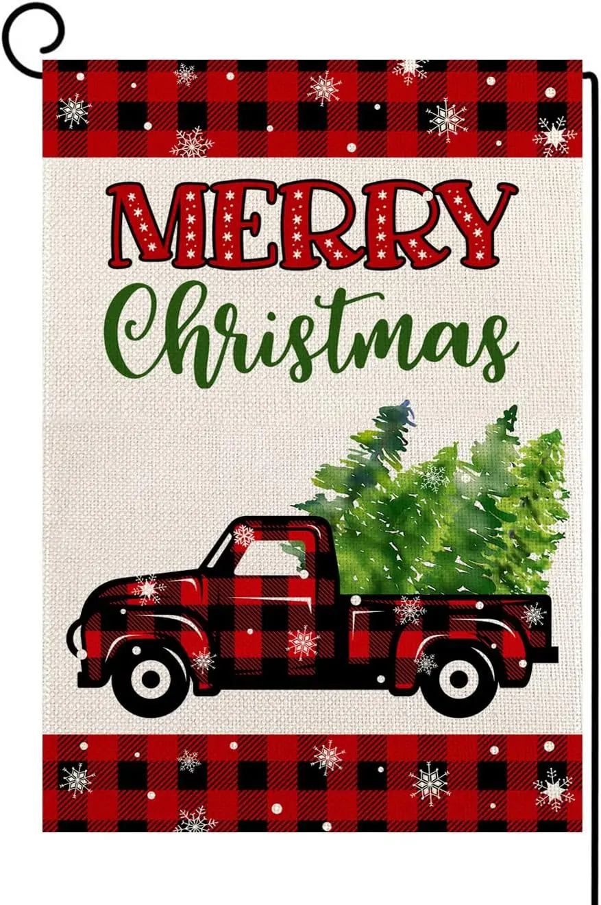 Merry Christmas Garden Flag Vertical Double Sided Red Buffalo Plaid Truck with Xmas Tree Winter Garden Flag, Christmas Holiday F