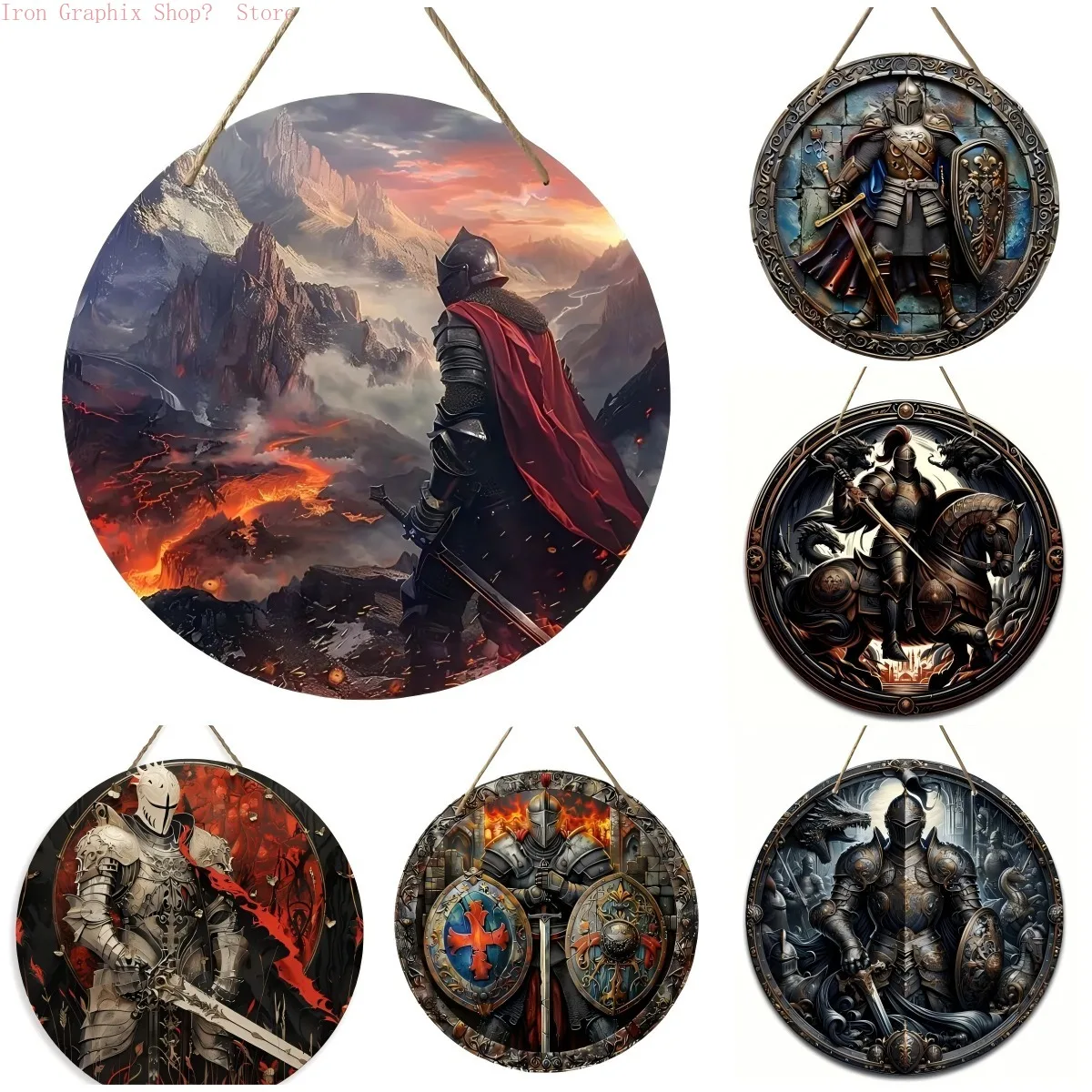 Medieval Knight Art 2D Wood Print, Round Vintage Wall Plaque, Conversation Starter for Rustic Bar Man Cave Decor