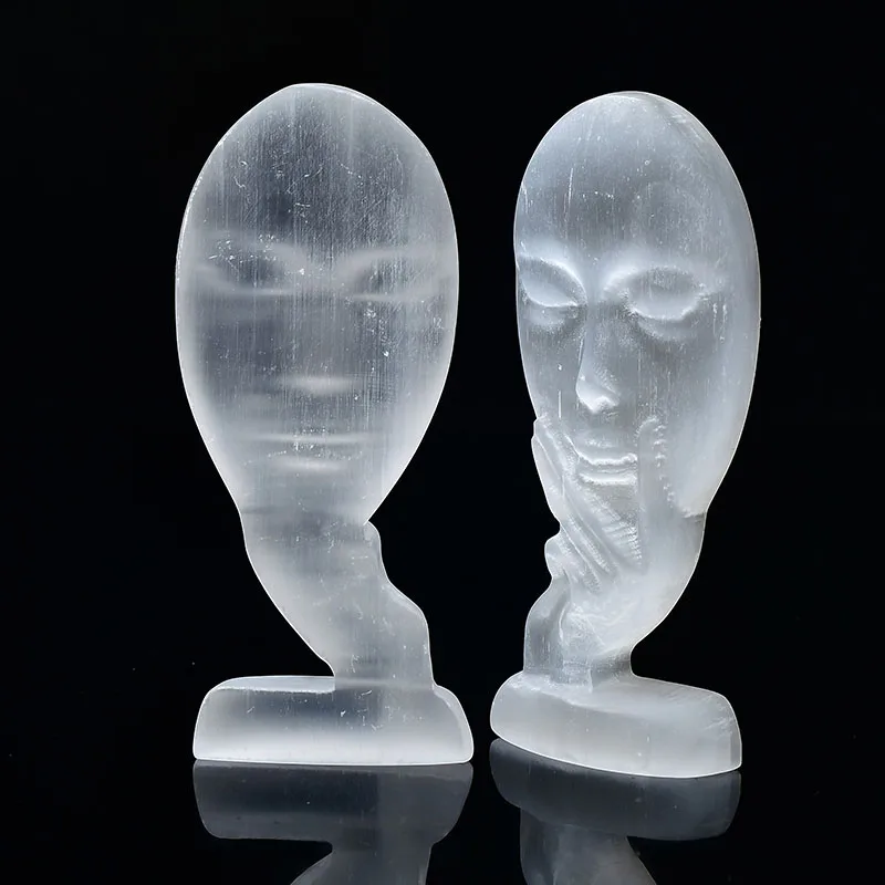 Natural White Selenite Gypsum Carving Mask-like Face Reiki Gypsum Healing Crystal Ore Ornaments Figurine Craft Home Decor Gifts