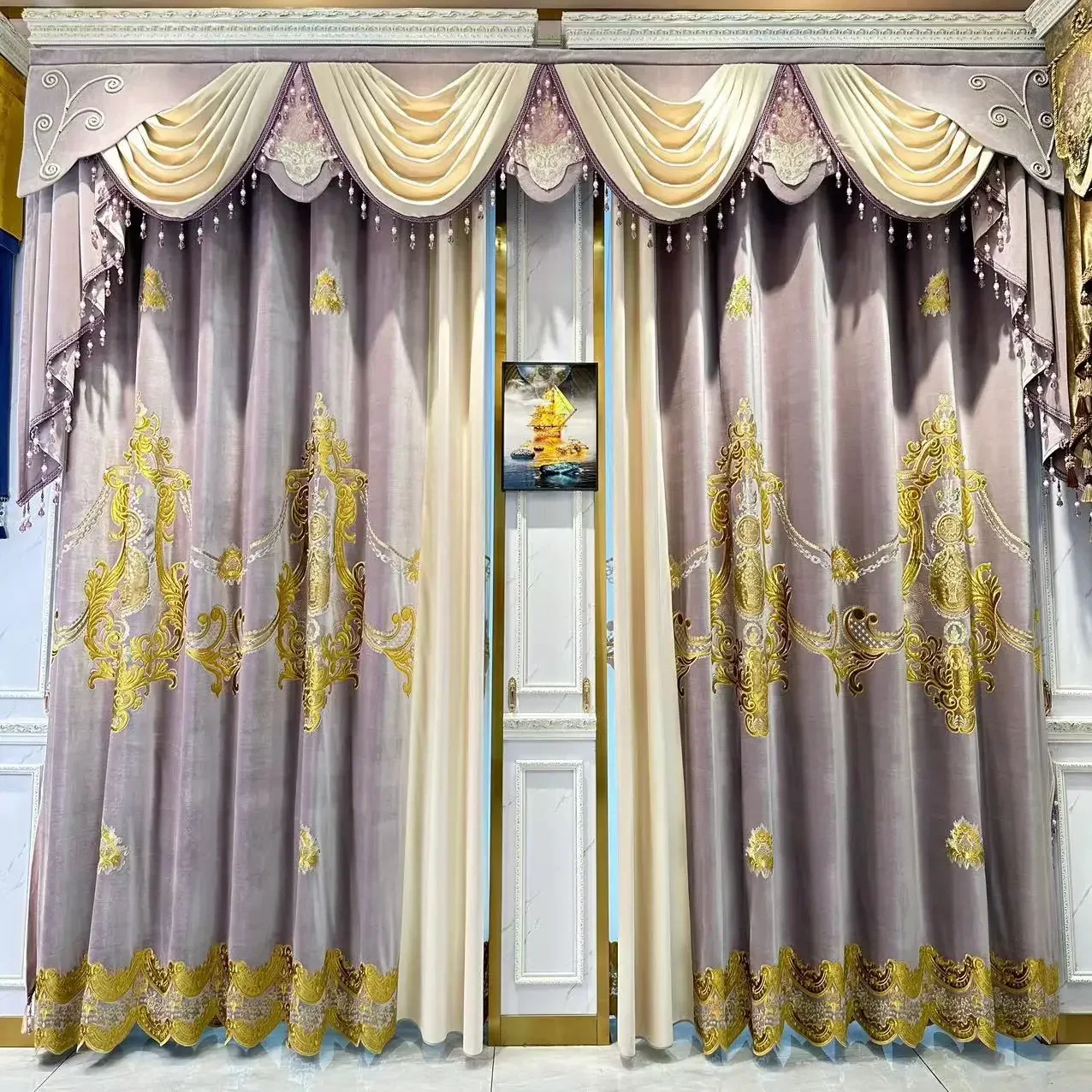 New Taro Purple Embroidered Velvet Splicing Curtains for Living Room Bedroom Balcony and Villa Customized Finished Product