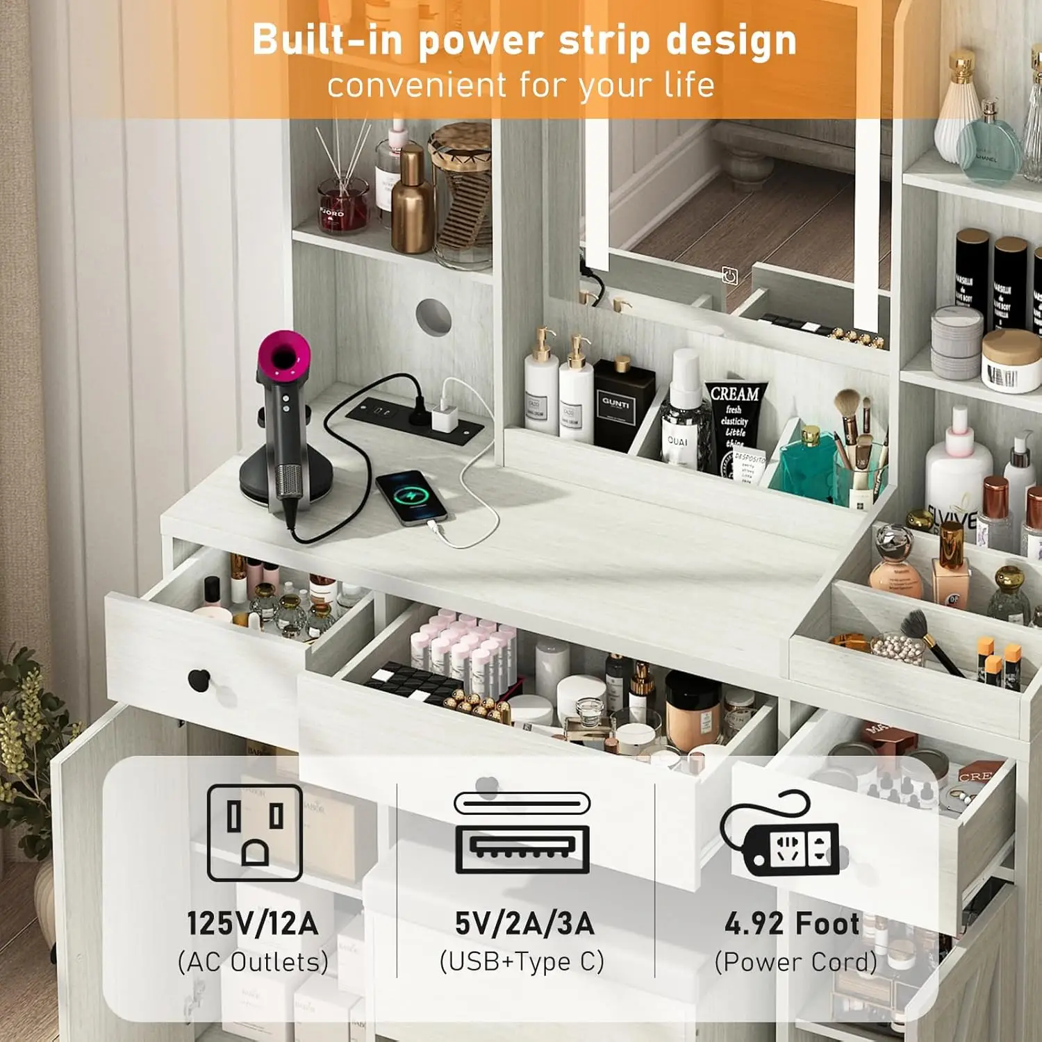 Vanity Desk w/Outlet & Stool, 11 Storage Shelves 3 Drawers 2 Big Cabinets, 43