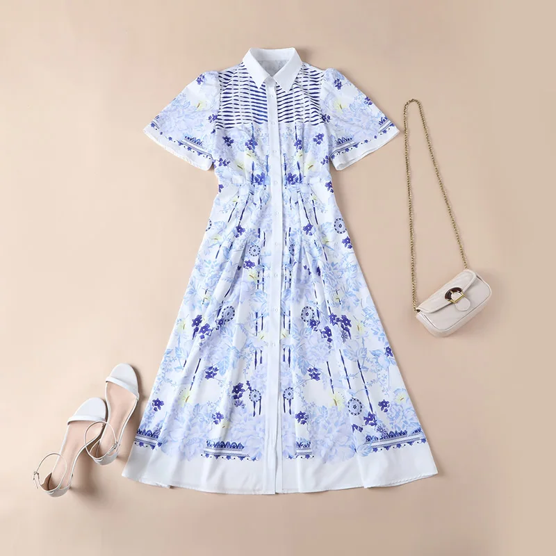 

New Arrival Women Turn-Down Collar Dresses Print A-Line Dress
