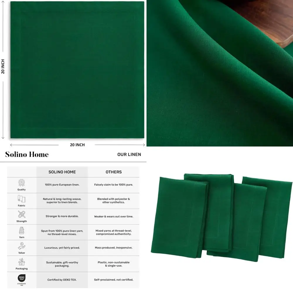 

Набор из 4-х салфеток для ужина из 100% льна, рождественского зеленого цвета, 20x20 дюймов, ручной работы, можно стирать в машине.