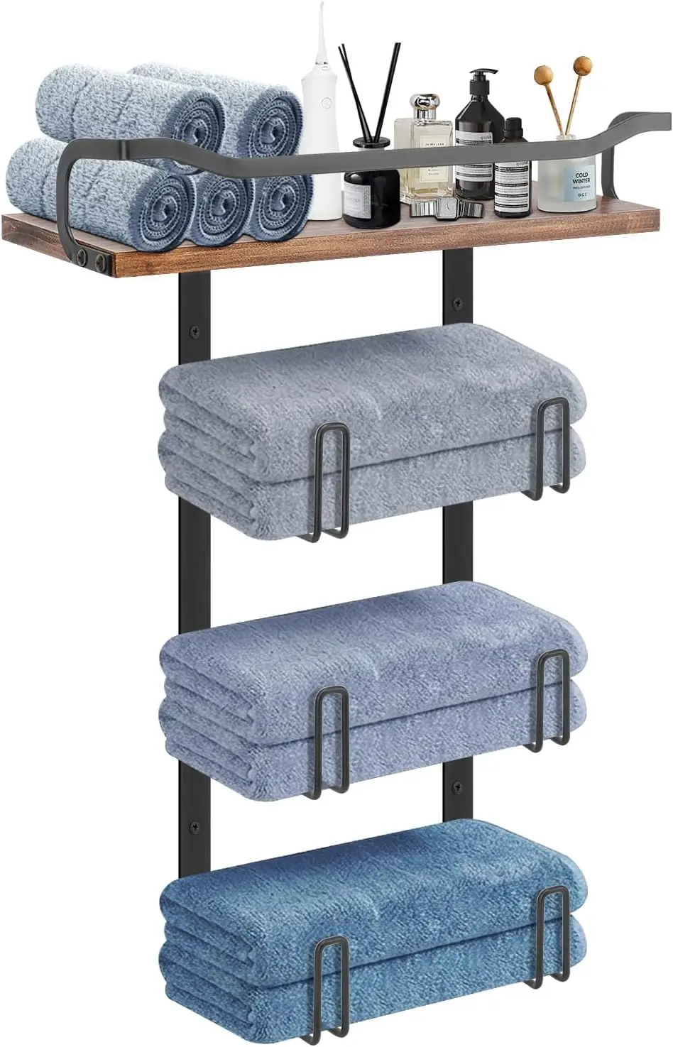 

Настенная металлическая вешалка для полотенец с деревянной полкой, органайзер для ванной комнаты, матовый черный цвет
