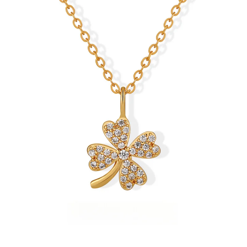 

Light Luxury Micro Inlaid Full Zirconia Four-Leaf Clover Titanium Steel Necklace Plated 18K Gold Waterproof Women Gift Jewelry