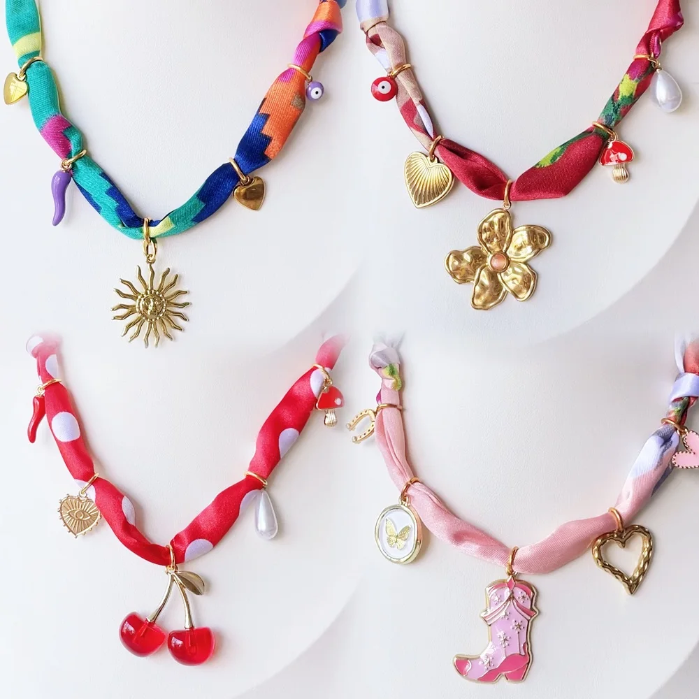 Soft Bandana Necklace with Gold Plated Heart Flower Sun Pendant for Women Girls Stackable Jewelry