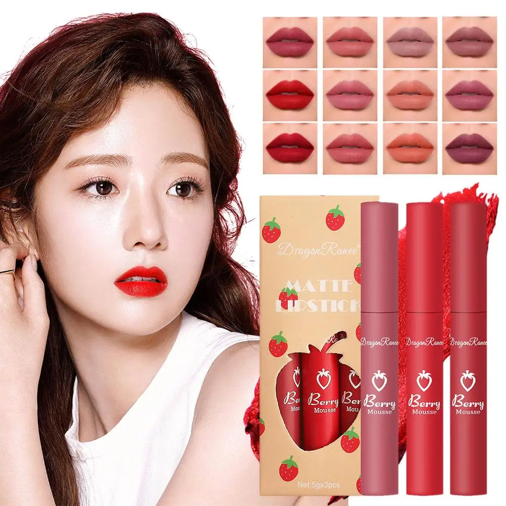 New Velvet Matte Lipstick Waterproof Long Lasting Non Stick Cup Strawberry Beauty Lip Gloss For Women Makeup Moisturize Cos P4C4