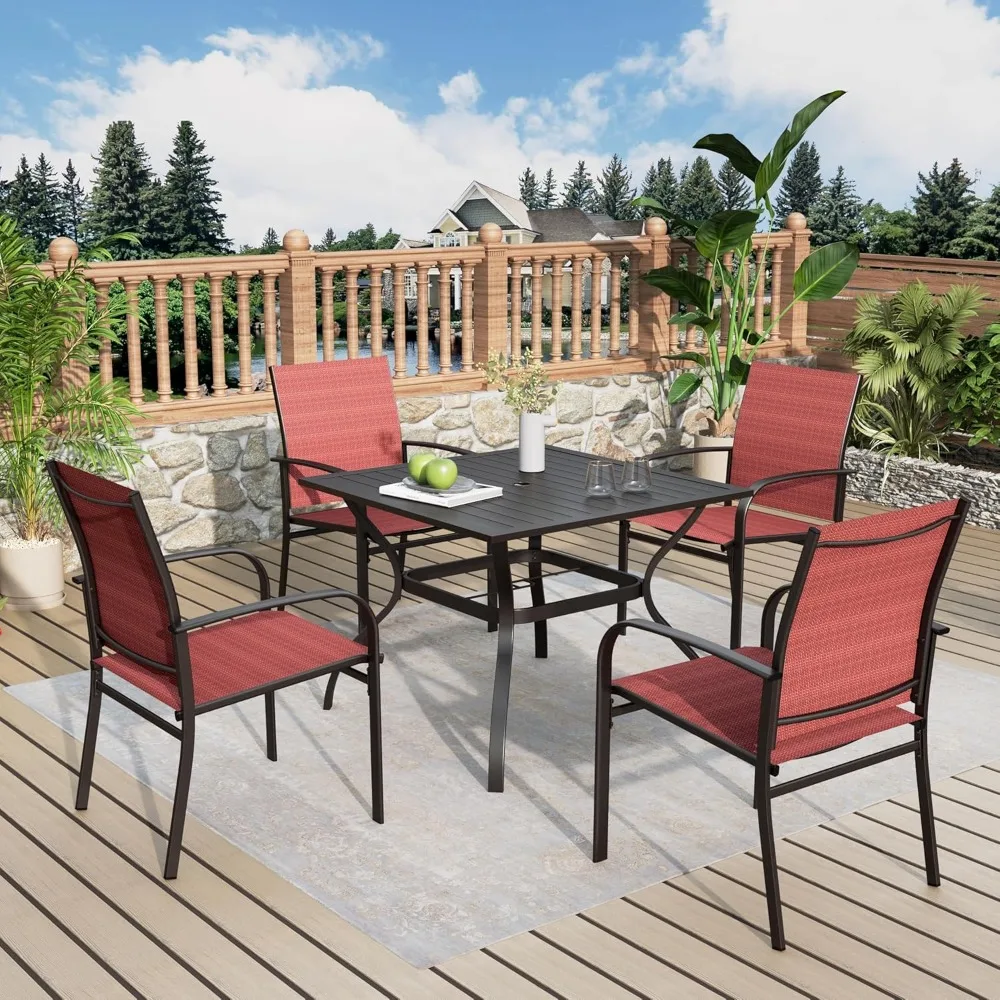 5-Piece Patio Table and Chairs Set for 4, Outdoor Dining Set with Red Textilene Chairs and 37