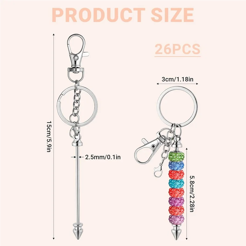 ABRS-26 Pcs Beadable Keychains, Silver Keychain Making Kit With Beadable Keychain Bar Lobster Clasps Key Rings
