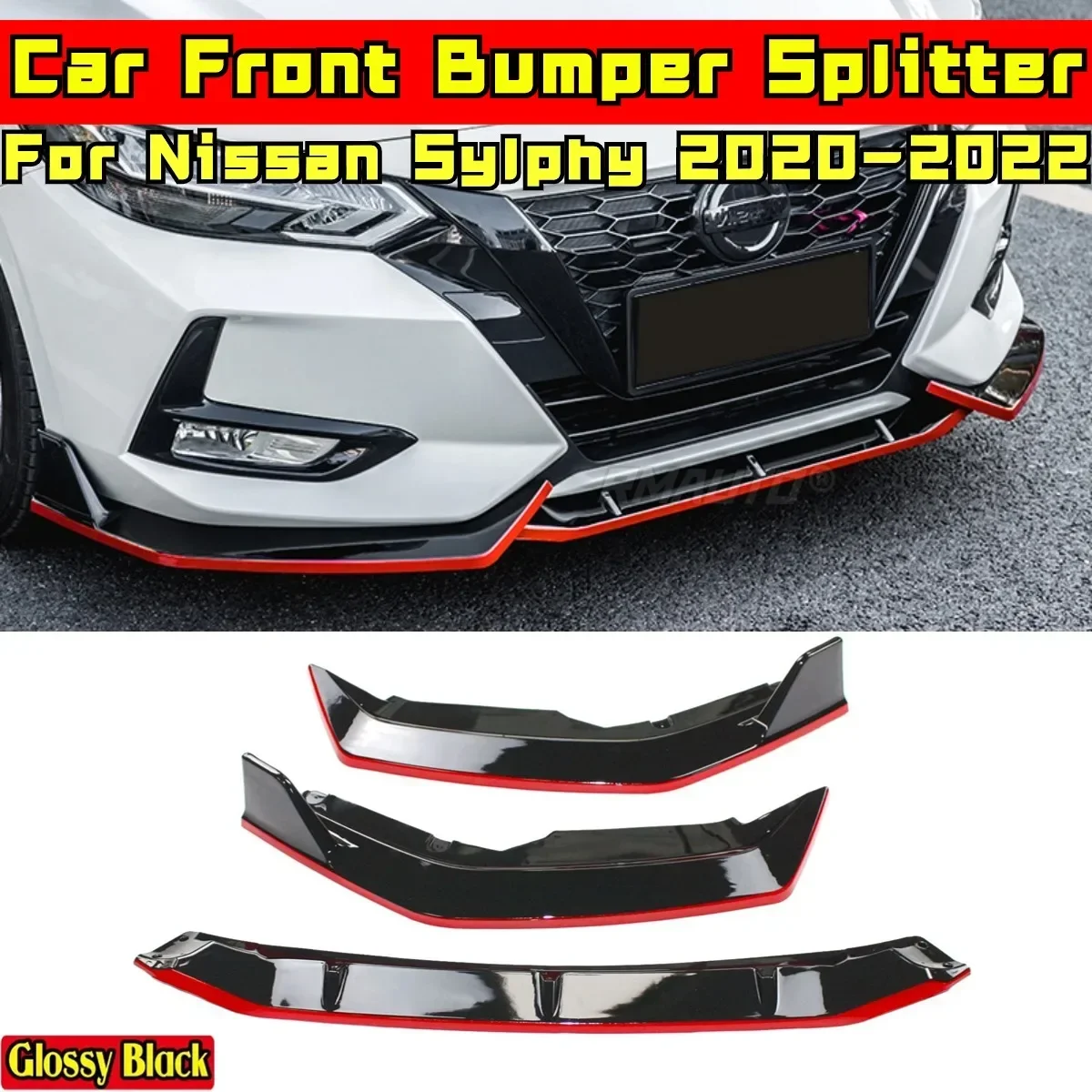 Sylphy Front Bumper Lip Glossy Black+Red Sport Style Front Bumper Splitter Body Kit For Nissan Sylphy 2020-2022 Car Accessories