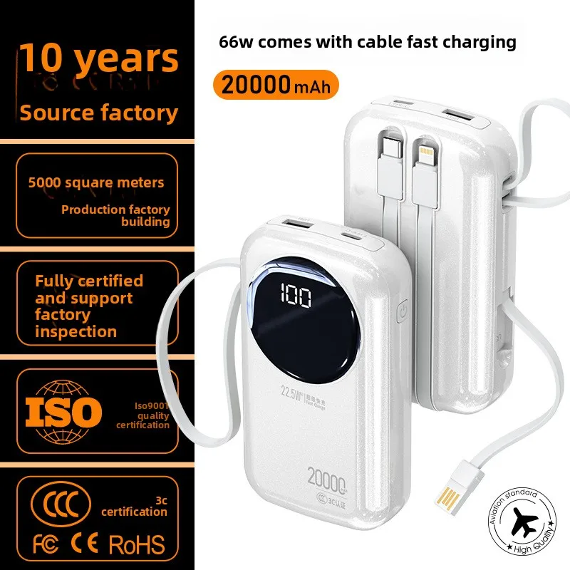 XIAOMI - 2025 جديد 20000 مللي أمبير/74 وات في الساعة 3C كابلات مدمجة معتمدة بنك طاقة صغير مع حبل شحن سريع للغاية 22.5 وات محمول