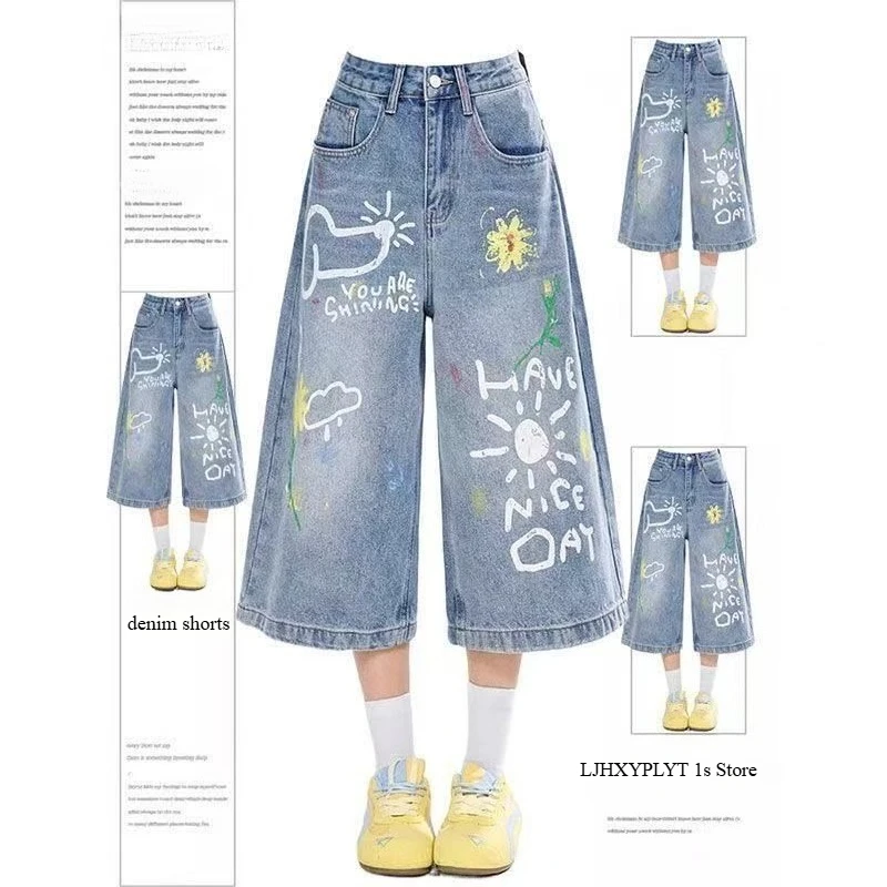 Summer Women's Graffiti Print Thin Denim Shorts Cute Girls Calf-length Trousers High Waist Pants Female Wide Leg Streetwear