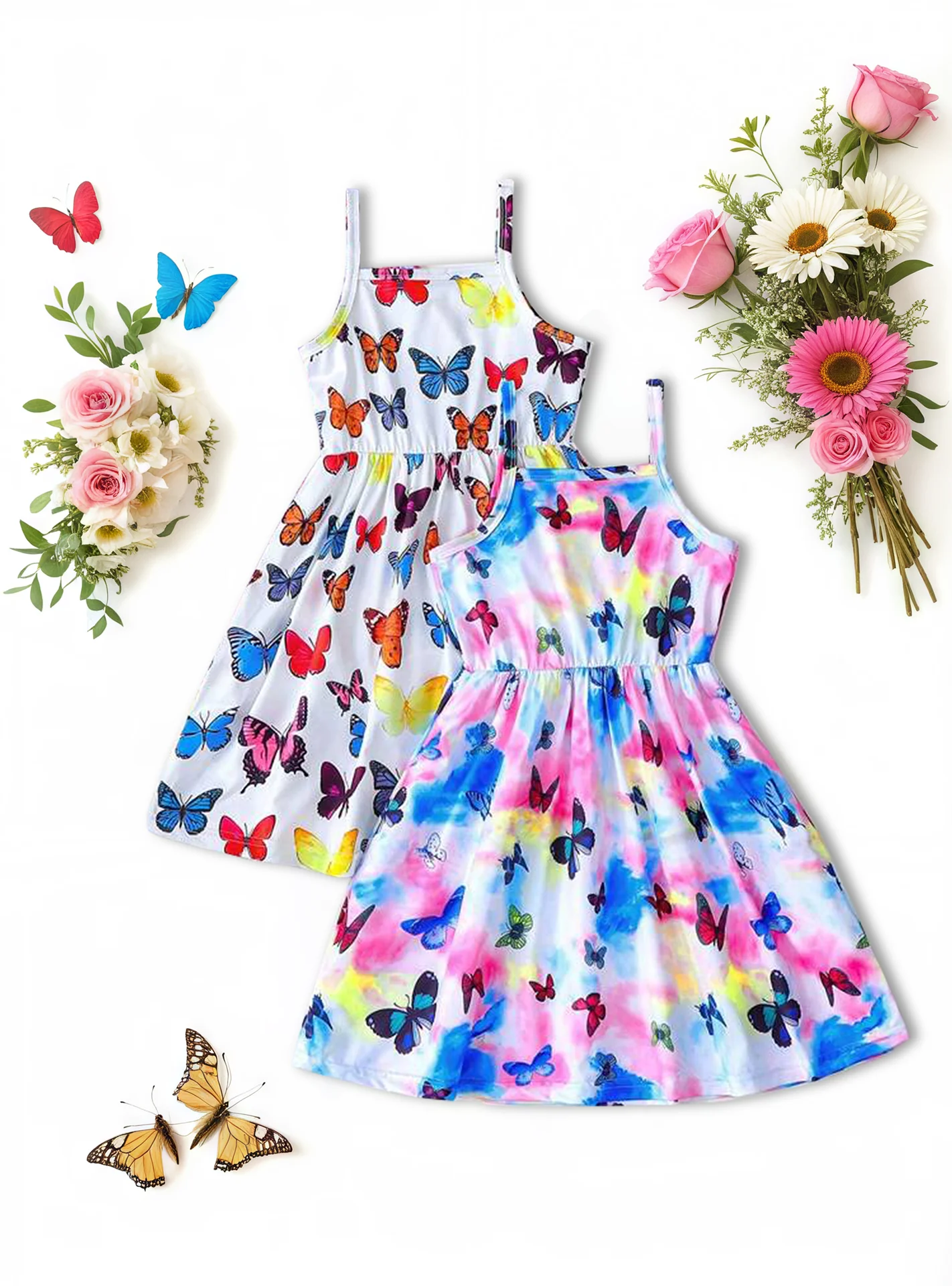 Girl's Butterfly Dress Spaghetti Strap A-Line Tie Dye Floral 7-14Y Summer Beach Party Outdoor Vacation Daily Play 2 Pack Dresses
