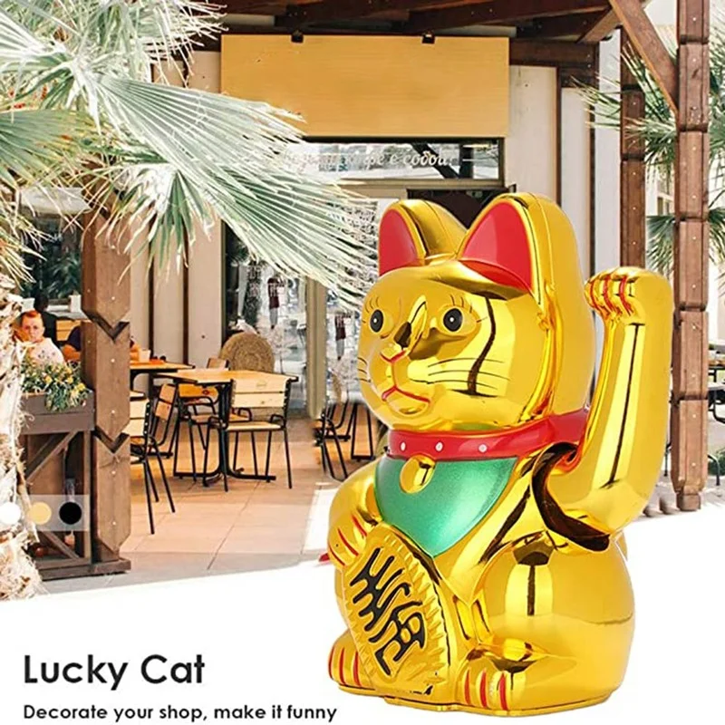 1pc Lucky Cat Waving Arm Ornaments Chinese Maneki Neko Lucky Fortune Cat Gold Battery Operated Home Office Decoration