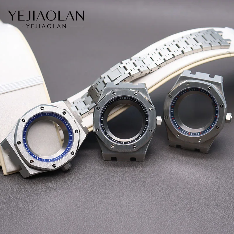 41mm PVD Stainless Steel Watch Case Bracelet Sapphire For NH35 NH34 NH38 Movement Octagonal Design Brushed Case MOD Glass Back