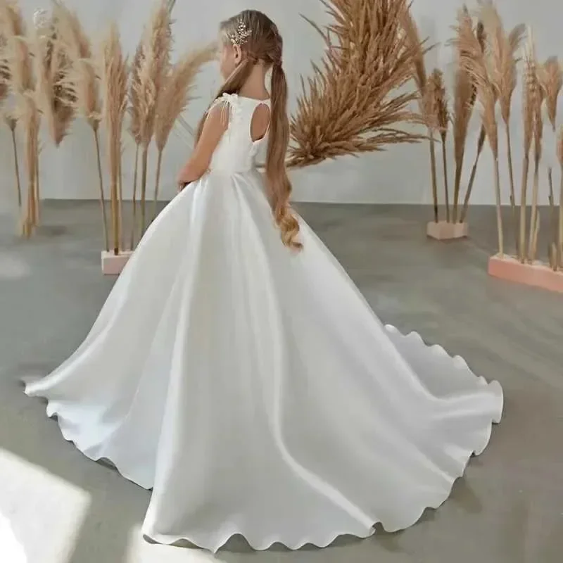 Flower Girl Dresses for Wedding Satin Beaded Floor Length Girls Kids Birthday Princess Party Communion Party Gowns White Sequins