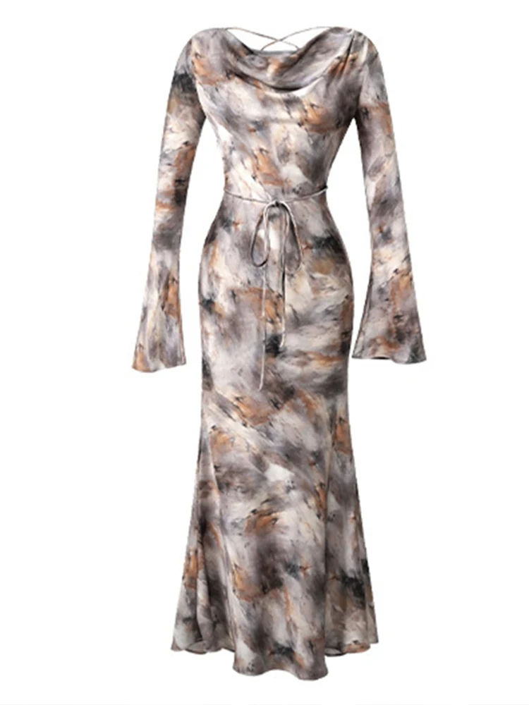 Novo outono casual impressão gola oscilante sereia vestido longo roupas femininas elegante manga alargamento cinto fino robe festa de formatura vestidos
